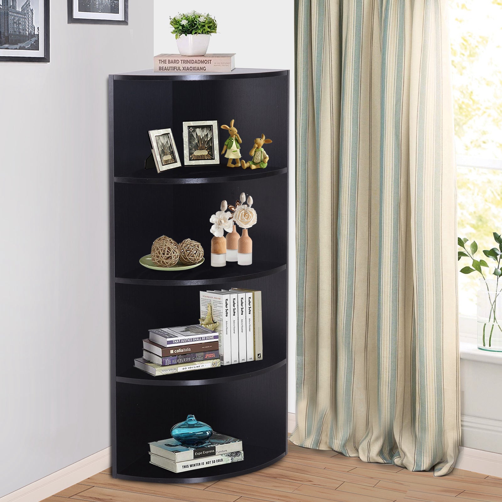 HOMCOM 4-Tier Corner Open Shelf Bookcase Freestanding Fan Bookshelf Plants Stand, 40x40x120cm, Black